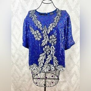 Vintage Jewel Queen blue and silver sequin blouse size M